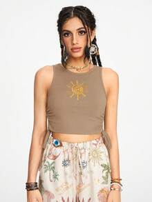ROMWE Áo tank top nữ kiểu hippie thêu họa tiết tia nắng mặt trời, xếp ly. - Màu Khaki - Xem 4