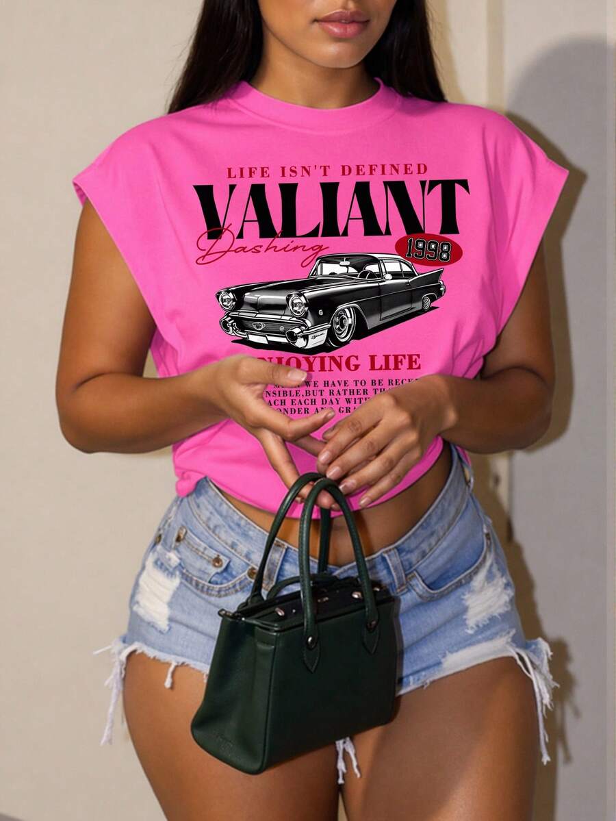 Slaydiva 休闲简约 VATIANT 标语复古汽车图案加大码T恤，略微透视，适合夏季穿着 - 玫紅色 - 查看 1