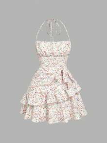 SHEIN MOD Đầm nghỉ mát thanh lịch dành cho nữ, họa tiết hoa, nơ và bèo nhún, cổ yếm. - Nhiều màu - Xem 1