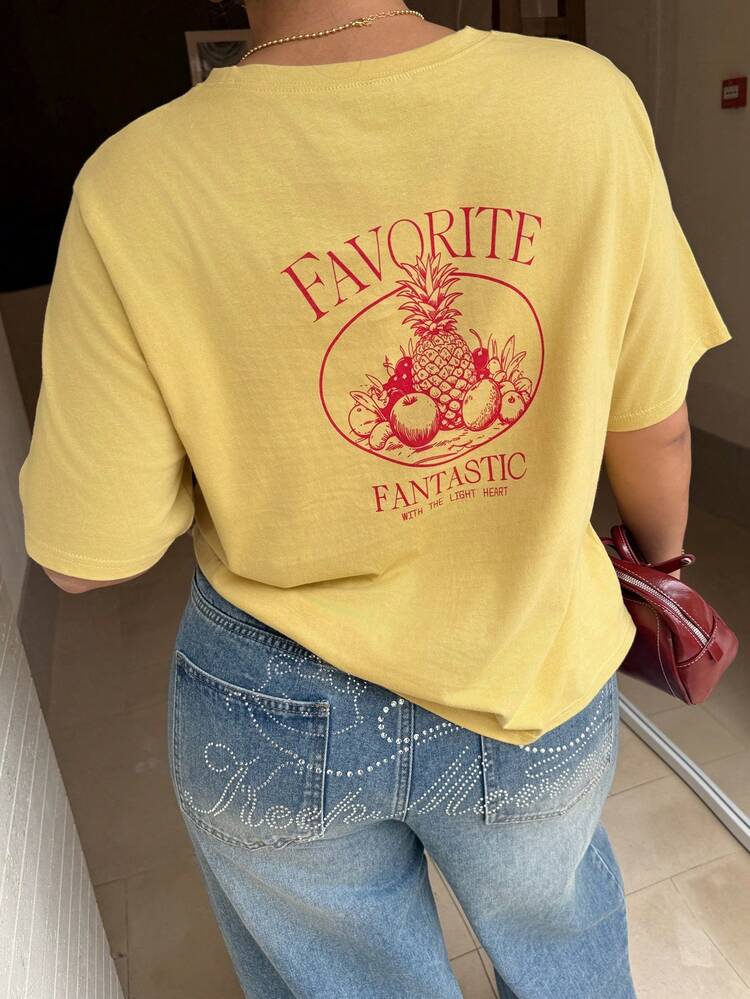 Dazy Plus Loose Fit Round Neck Short Sleeve Casual Top With Back Print, Plus Size Women Spring/Summer Yellow T-Shirt