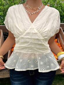 Dazy Plus Hollow Floral All-Over Print V-Neck Elegant Boho Waist Crop Top, Short Sleeve Blouse For Plus Size Women, Spring/Summer Vacation Outfits White - Apricot - View 8