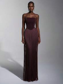 Elegant Romantic Cold-Shoulder Strapless Sequined Knit Mermaid Tassel Hem Dress, Suitable For Festivals, Weddings, Galas, Concerts, Business Events, Social Media Influencer Occasions - Burgundy - View 8