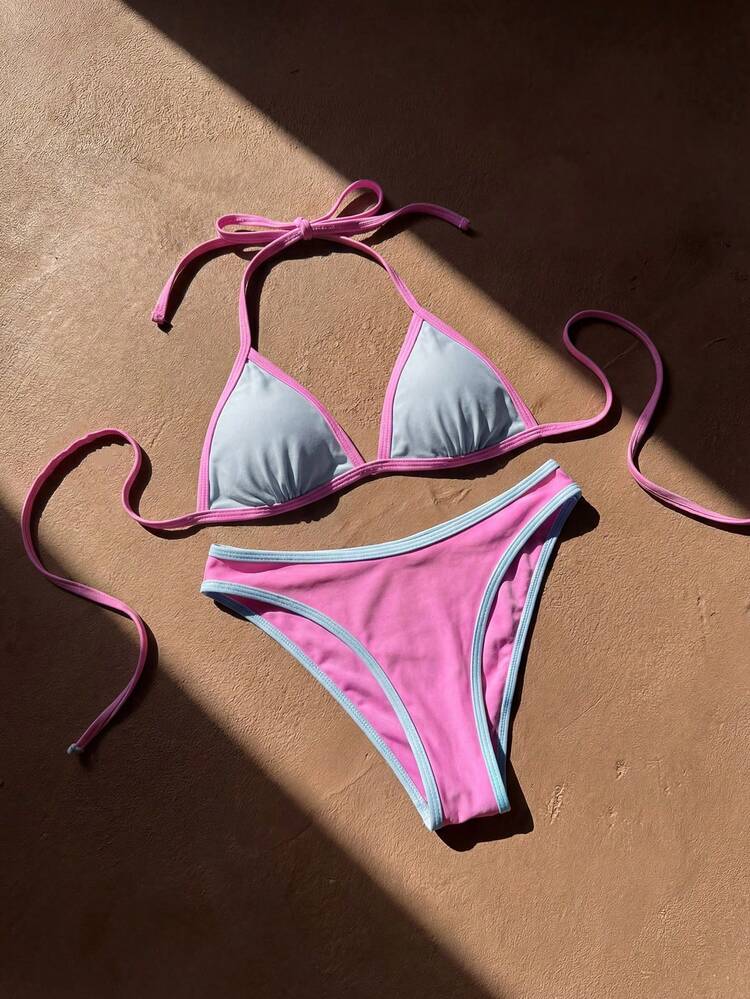 Women's Summer Beach Contrast Color Halter Tie Sexy Bikini Swimsuit Set