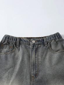 SHEIN 少女夏季水洗百搭舒适复古弹力腰牛仔裤，浅蓝色和中蓝色拼接，宽松直筒中蓝色水洗牛仔裤 - 中等水洗藍 - 查看 4