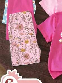 SHEIN 6pcs/Set Young Girl Light Pink Summer School Back-To-School Floral & ""Happiness"" Letter Daisy Print Matching Tee And Snug Fit Shorts Set For Sports - Multicolor - View 4