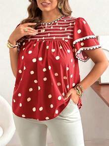 Ceyna Plus Size Spring/Summer Polka Dot Woven Floral Trim Blouse - Red - View 4