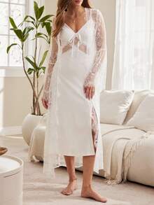 Moireta 法式优雅浪漫吊带睡衣套装，女士 - 白色 - 查看 3
