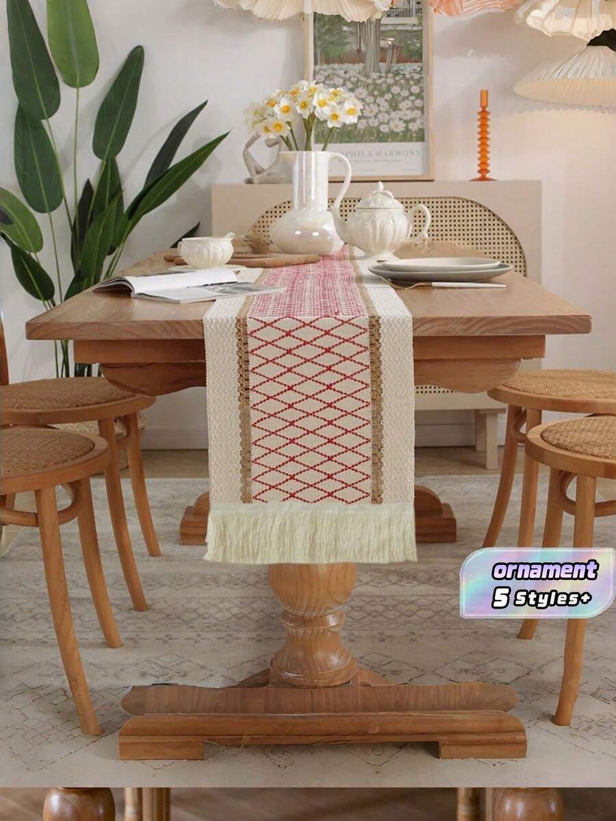 Boho Table Runner Macrame Table Runners For Home Decor ,Cream & Brown Macrame Table Runner With Tassels For Boho Dining Bedroom Decor Rustic Bridal Shower,Farmhouse Rustic Table Runner,Place Mat,Thanksgiving Christmas Home Decor (Multiple Sizes Available) - Red and white grid - View 1