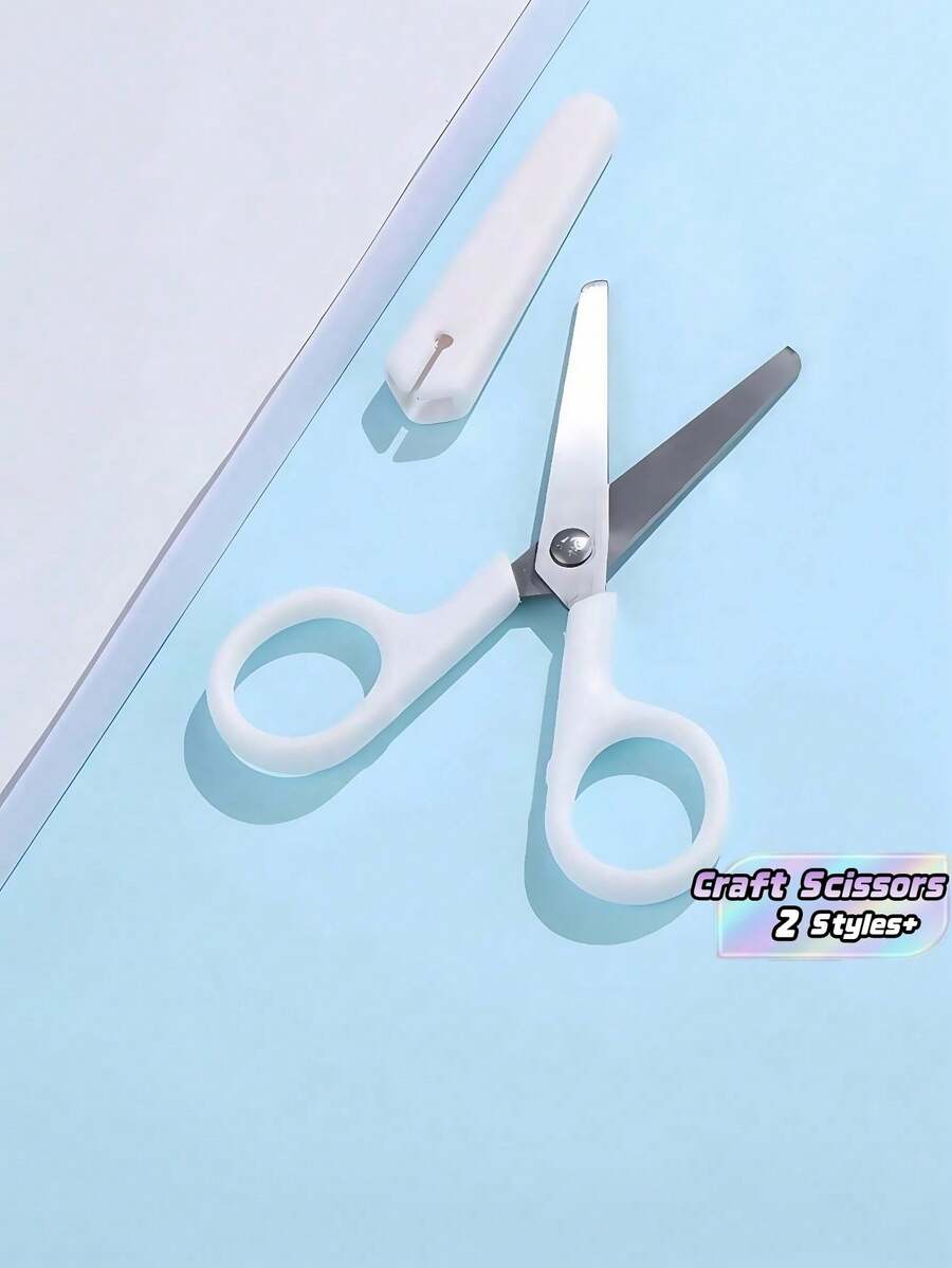 1 pieza/6 piezas Tijeras manuales blancas con mango y tapa protectora, de vuelta a la escuela, útiles escolares - Blanco - Ver 1