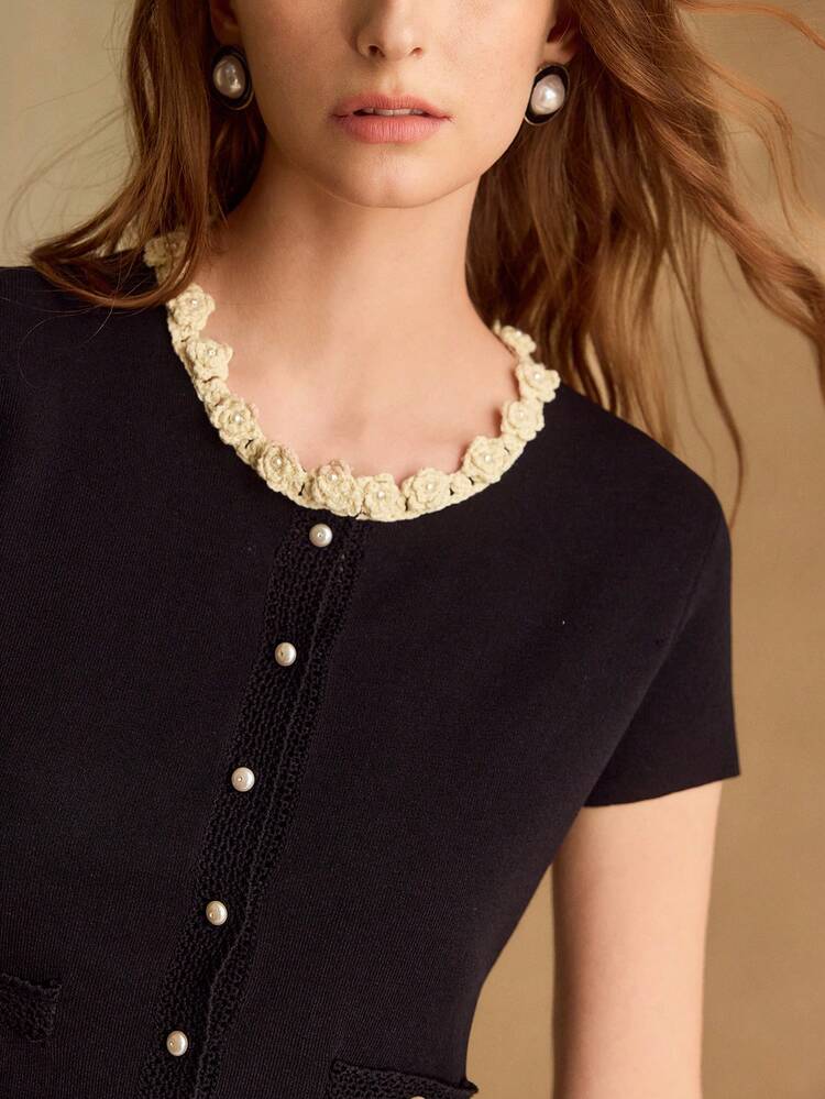 FRENCH ELEGANT FAUX PEARL BUTTON CONTRAST LACE KNIT CARDIGAN
