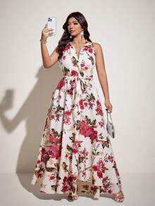 Viva Relle Plus Size Women Elegant Romantic Ditsy Floral V-Neck Long Dress - Multicolor - View 1