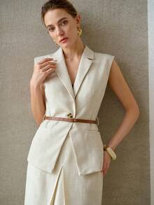 PREMIUM WOMEN'S LINEN BLEND SLEEVELESS LAPEL COLLAR WAISTCOAT, SPRING/SUMMER - Apricot - View 6