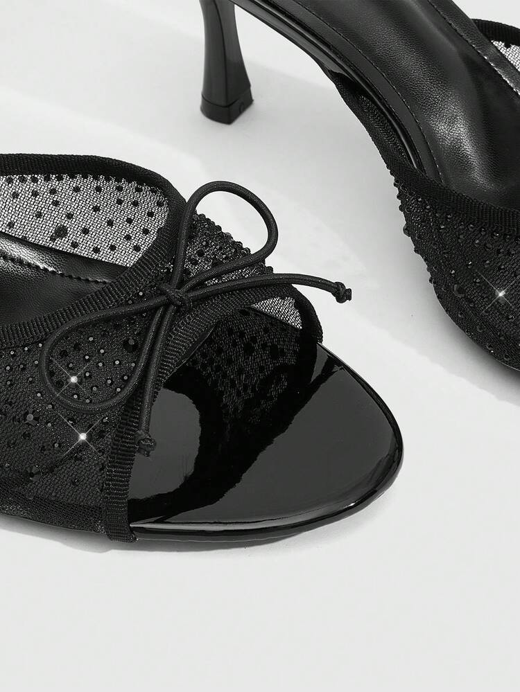 CUCCOO SZL Women's Spring And Summer New Round Toe Stiletto Black Mesh Rhinestone Bow High Heel Sandals Slippers Fashionable And Comfortable Versatile Sexy Party Banquet Women's Sandals Women's Shoes