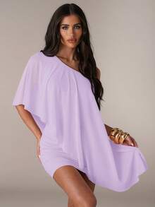 SHEIN BAE Robe d'été décontractée pour femmes, couleur unie rose, épaule asymétrique avec volants, robe moulante mini plissée assortie. Robe de vacances élégante et sexy. Robe décontractée pour sœurs pour l'extérieur. Robe rose pour la plage, les vacances, les mariages. Robe rose élégante et sexy. - Parme - Voir 4