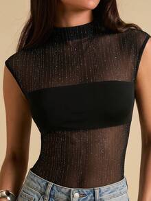 SHEIN BAE Áo liền thân không tay màu đen xuyên thấu lấp lánh, trang phục gợi cảm cho tiệc tùng, hẹn hò, mùa xuân/hè. - màu đen - Xem 7