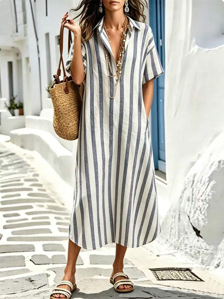 EMERY ROSE Vestidos de Verão para Mulheres, Vestidos de Praia, Looks de Férias na Praia para Mulheres, Looks de Férias de Verão, Looks de Férias na Praia para Mulheres - Azul e Branco - Visão 3