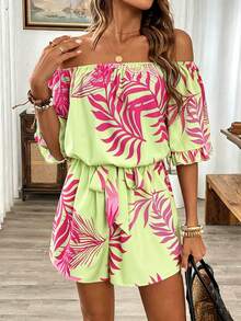 Breezaya Hawaiian Style Ruffled Off-Shoulder Romper - Green - View 5
