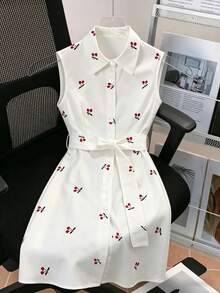 Franclia Đầm nữ mùa hè kiểu dáng thường ngày, họa tiết quả anh đào khắp thân đầm, không tay, có thắt lưng. - trắng - Xem 1