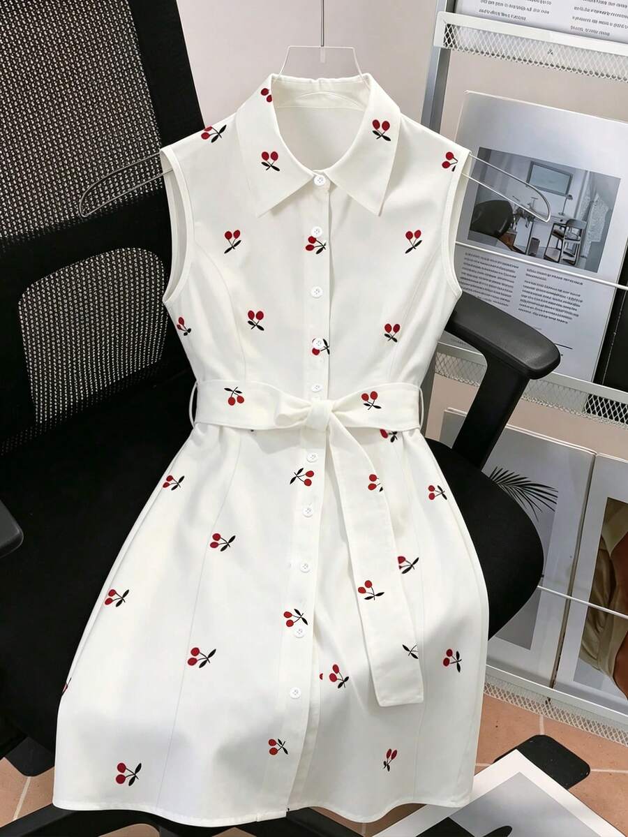 Franclia Đầm nữ mùa hè kiểu dáng thường ngày, họa tiết quả anh đào khắp thân đầm, không tay, có thắt lưng. - trắng - Xem 1