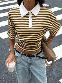 Siren Gaze Áo thun crop top nữ cổ polo sọc ngắn tay phong cách casual mùa hè, quà tặng cho bạn bè. Áo thun sọc phong cách retro đại học, thiết kế cổ và tay ngắn sọc tương phản, dáng ôm tôn dáng đa năng, phù hợp đi làm hàng ngày, hẹn hò casual và các dịp khác. Áo thời trang, hoàn hảo cho mùa tựu trường, màu vàng và nâu - Nhiều màu - Xem 5