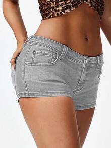 SHEIN ICON Women's Low Waist Denim Mini Shorts - Grey - View 5