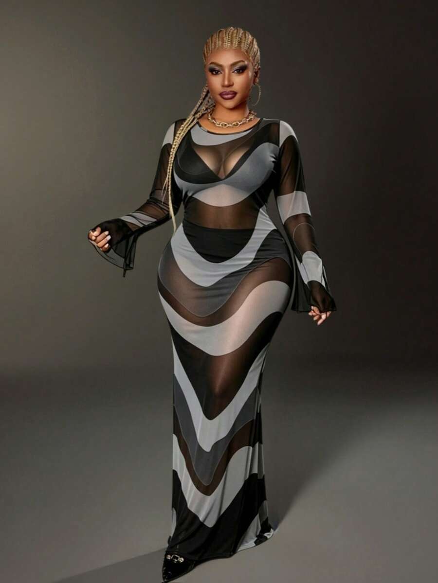 Plus Size Women Contrast Color Round Neck Long Sleeve Mesh Sheer Sexy Dress - Silver - View 1