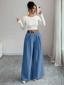 SHEIN Elenzya 高腰阔腿裤，纯色设计，无需腰带，优雅款式，适合日常穿着和工作场合，复古时尚，适合毕业季、音乐节、赛马会、独立日等场合。 - 深色水洗藍 - 查看 7