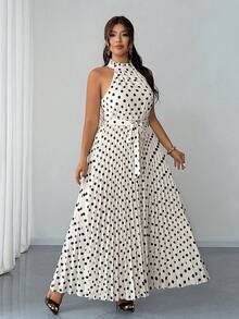Elenzga Vestido maxi elegante y romántico con lunares para mujer de talla grande, con cuello halter y pliegues fluidos, adecuado para ir a trabajar, citas, bodas, graduaciones y otras ocasiones, primavera/verano - Blanco y Negro - Ver 7