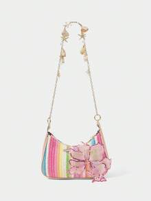SHECARRY 1pc Summer Beach Essential Rainbow Bag, Starfish Shell Chain Bag, Sequined Flower Decorated Holiday Messenger Bag (The Location Of The Flowers Is Slightly Different From The Batch) - Multicolor O - View 3