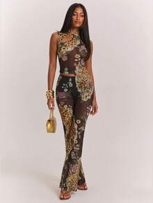 SHEIN BAE Solid Color & Floral Animal Print Elastic Mesh Sheer Sleeveless Slim Fit Top, Cute For Valentine's Day Party & Night Out, Spring/Summer,Summer - Brown - View 5