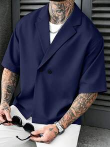 SLATEMANN 男士素色平領休閒百搭日常穿著襯衫，正式款 - 藏蓝色 - 查看 3