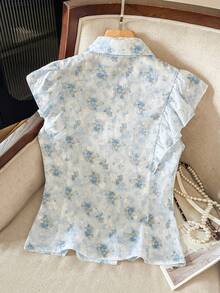 Seusyu Women's Digital Print Floral Ruffle Sleeve Blouse, Fashionable & Age-Reducing, Spring/Summer - Blue - View 2