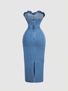 Sweetra Đầm quây denim buộc dây dành cho nữ - Màu xanh lam - Xem 2