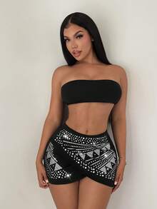 SHEIN SXY 女士性感Y2K街头风亮片裹身迷你裙，夏季 - 黑色 - 查看 5