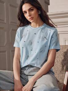 Anewsta Camiseta azul elegante de mujer con cuello redondo, manga corta y mariposa de diamante de imitación - Azul - Ver 1