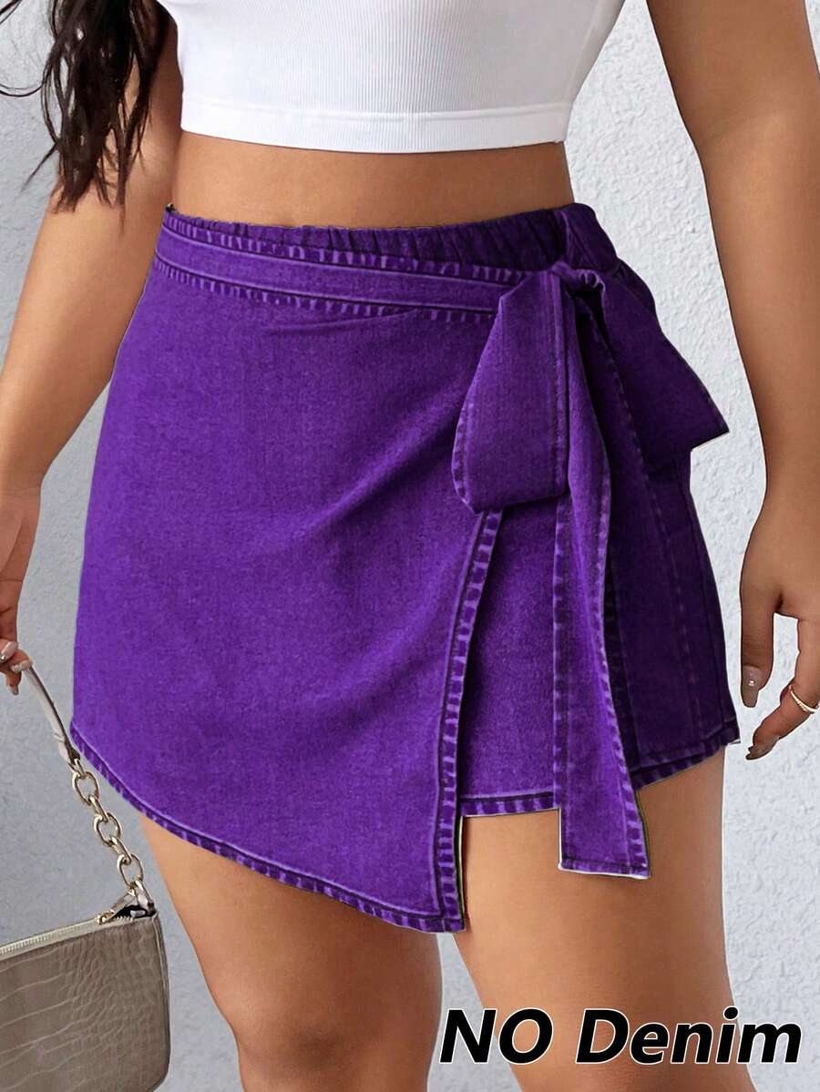 Elenzga Váy quần nữ cỡ lớn in họa tiết denim, thắt nút bên hông, kiểu dáng thường ngày. - Màu tím - Xem 1