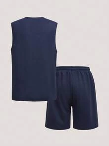 Driftmere 2pcs/Set Men's Sports Tank Top And Shorts Set, Suitable For Running, Fitness, Basketball, Casual Versatile Outfit For Spring And Summer Outdoor Daily Wear Father's Day – A Fathers Day Gift Guide - Navy Blue - View 2