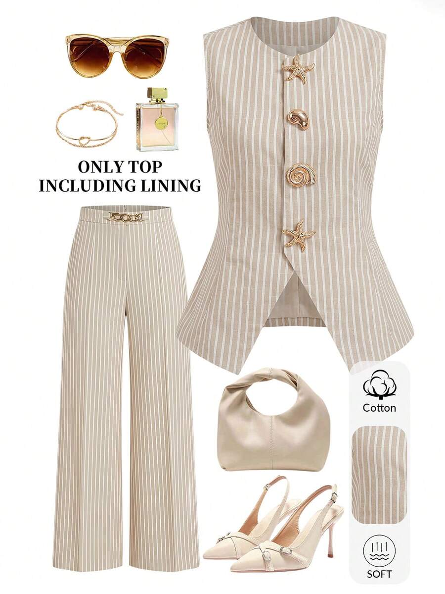 Gownix Elegantes beiges Damen-Sommer-Urlaubs-Outfit, gestreiftes lässiges Westentop für Teeparty, tropischen Strandurlaub, Cancun-Tropenstil - Aprikosenfarben - Übersicht 1