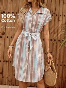 EMERY ROSE Women's Casual Striped Front Button Belted Mid-Length Dress,Summer Dresses For Women - Multicolor - View 9