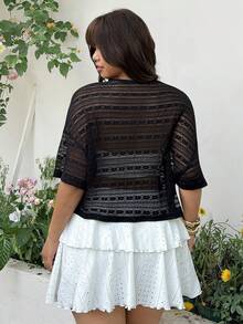 GalTyme Atasan Pullover Longgar Leher Bulat Berkilau Jala Transparan, Ukuran Plus, Hitam Elegan untuk Liburan Musim Panas - Hitam - View 2