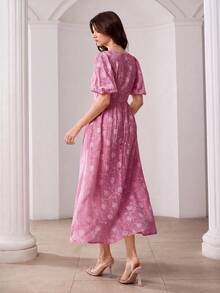 Modelyn V-Neck Puff Sleeve Jacquard Front Button Closure Pink Dress - Hot Pink - View 4