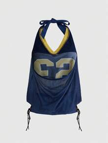 ROMWE Street Life Women Summer World Cup Festival Sporty Street Outfits Number Print Contrast Color Fabric Splicing Drawstring Lace-Up Halter Tops - Blue - View 2