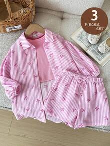 SHEIN 3件套女婴梭织条纹蝴蝶结衬衫、针织吊带背心和短裤套装 - 彩色 - 查看 1