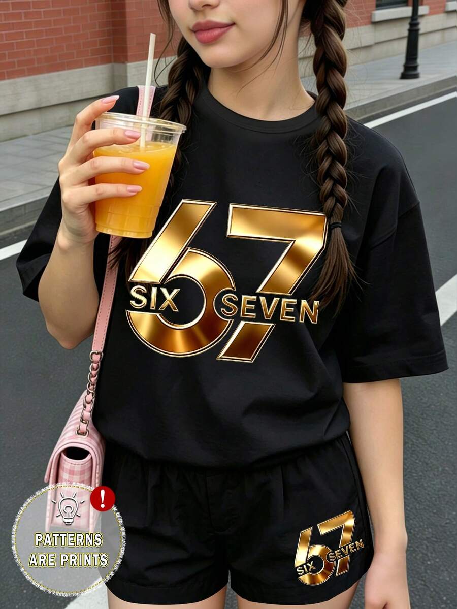 2件組女童休閒時尚創意清新黑色夏季牛仔風開學季T恤短褲套裝，趣味標語圖案印花日常穿著