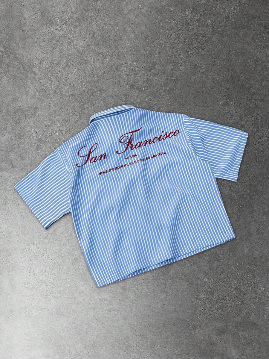 Manfinity EMRG Men's Casual Striped Letter Print Shirt, Summer - Blue - View 1