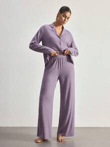 Ocili Soft Floral Print Pajama Set With Collar, Long Sleeve Top And Pants For Women - Purple - View 4