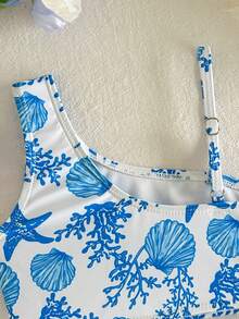 SHEIN 少女夏季沙滩贝壳和海星印花比基尼和三角裤泳衣套装 - 藍白色 - 查看 5