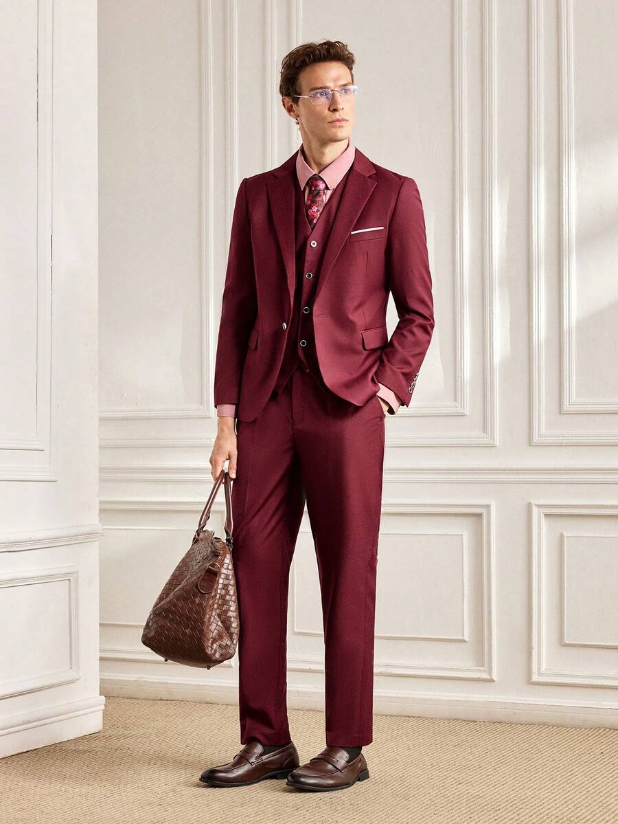 Officeau 3pcs/Set Men's Fashion Solid Color Slim Fit Stretch Business Suit, Containing Blazer Vest Pants, Work Formal Outfit - Burgundy - View 1