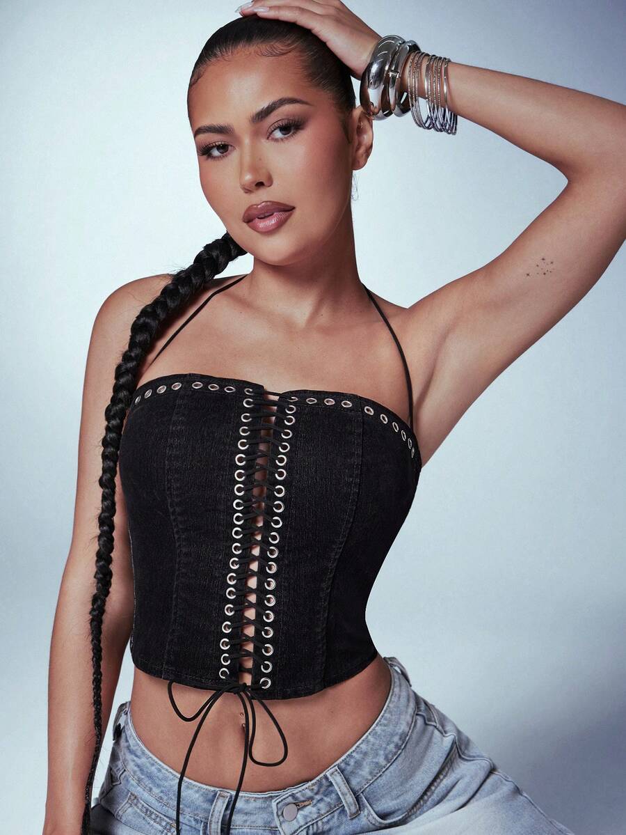 Denimoi Áo corset denim nhung buộc dây khoét eo với chi tiết vòng chữ O, kiểu dáng gợi cảm, thích hợp cho các buổi tiệc tùng, đi club hoặc concert. - màu đen - Xem 1