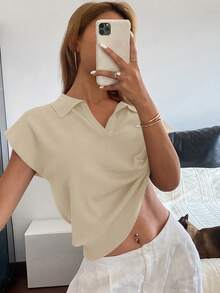 Livesso Suéter polo de punto ajustado de unicolor para mujer, casual para ir y venir, primavera/verano - Amarillo - Ver 3